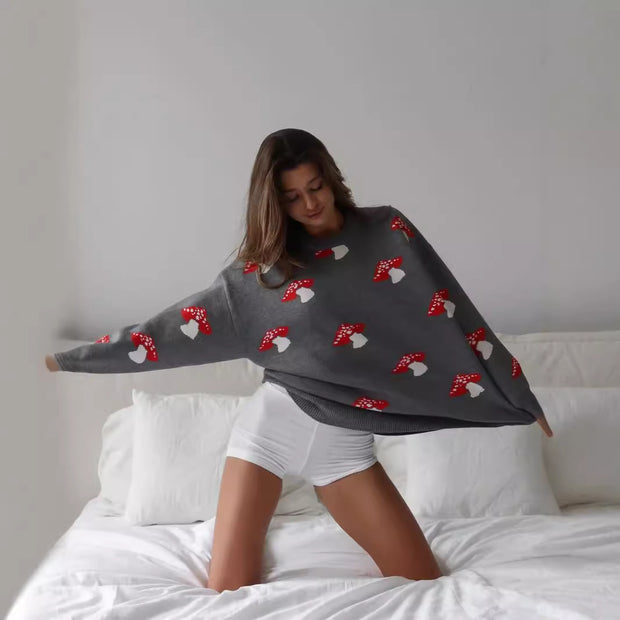 Damen Strickpullover mit verspieltem Pilzmotiv WW