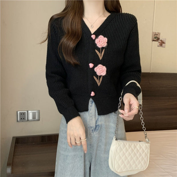 Damen Strickjacke mit floralen Applikationen und V-Ausschnitt WW