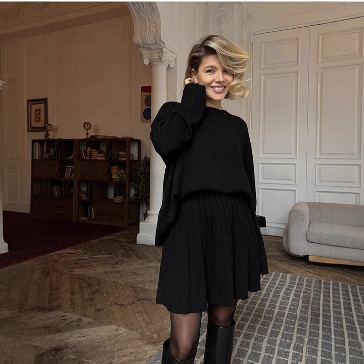 Damen gemütlicher Pullover mit weitem Schnitt und voluminösem Rock W&W Mode