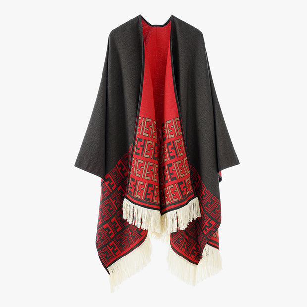 Damen eleganter Überwurf-Poncho mit kunstvollem Fransen-Design und besonderen grafischen Mustern WW