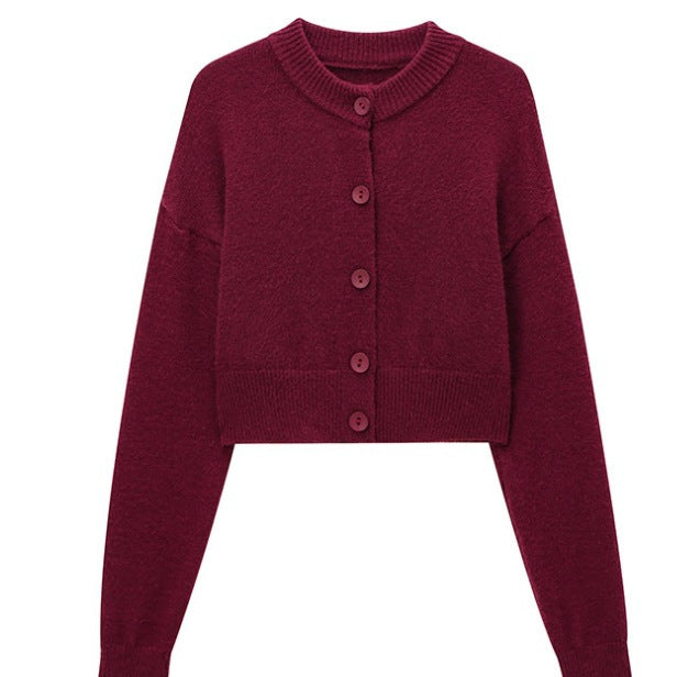 Damen kurze Strickjacke mit Knopfleiste und elegantem Rundhalsausschnitt WW