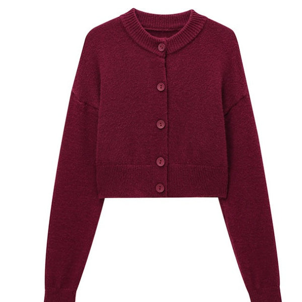 Damen kurze Strickjacke mit Knopfleiste und elegantem Rundhalsausschnitt WW