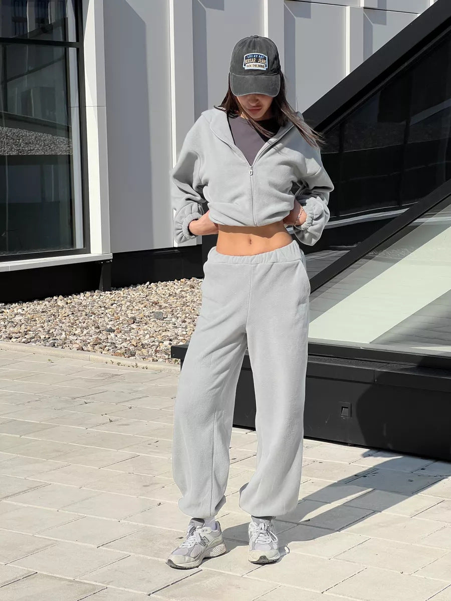 Damen sportlicher Fleece-Loungewear-Anzug mit hohem Kragen WW