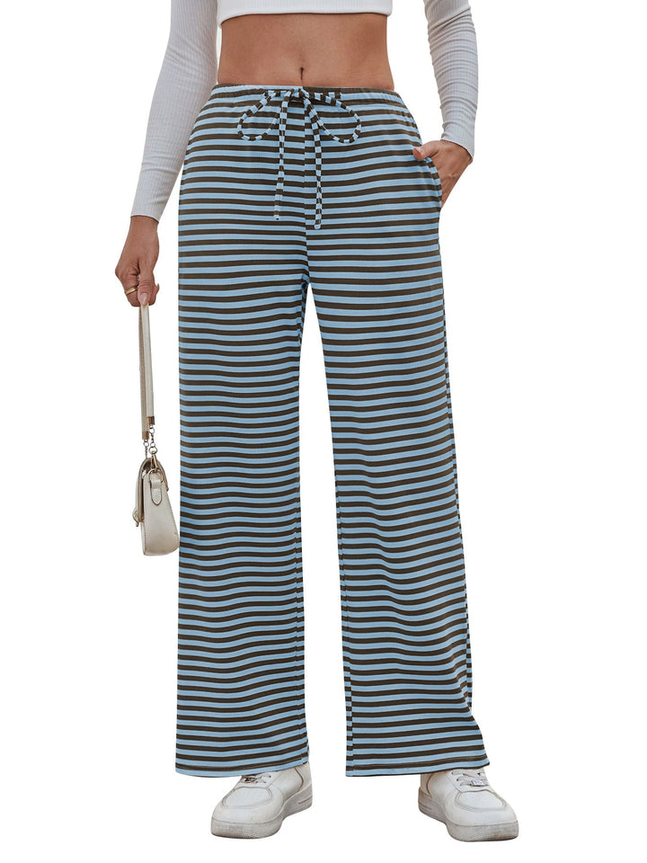 Damen weite Streifenhose mit elastischem Bund und Kordelzug W&W Mode