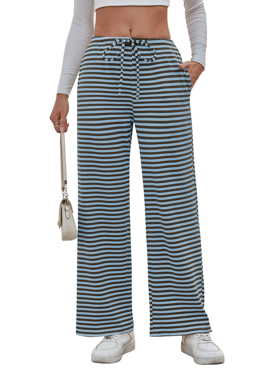 Damen weite Streifenhose mit elastischem Bund und Kordelzug WW