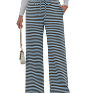 Damen weite Streifenhose mit elastischem Bund und Kordelzug WW