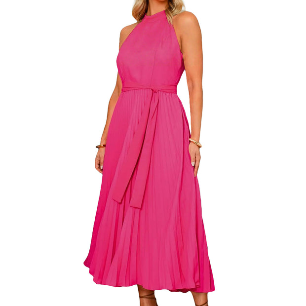 Damen Plissee Maxikleid mit elegantem Rundhalsausschnitt und fließendem Fall WW