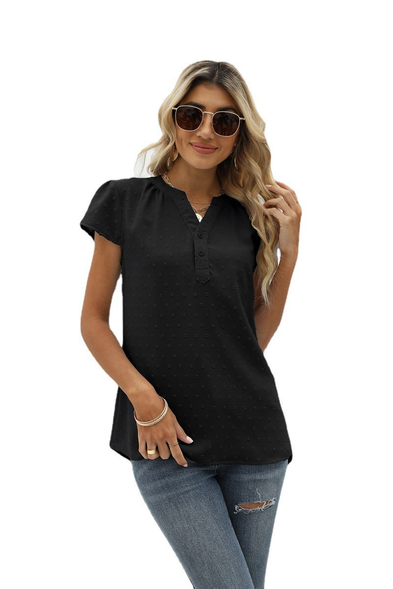 W&W Mode | Jacquard Chiffon Locker V-Ausschnitt Kurzarm Top