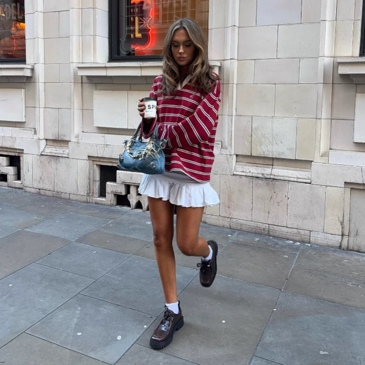 Damen sportlich gestreifter Pullover mit Kragen und lockerem Schnitt WW