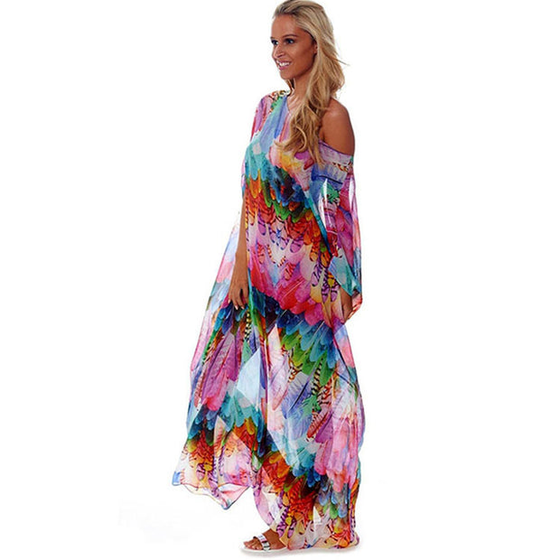 Damen Strandkaftan mit buntem Federdesign und luftigem Schnitt WW
