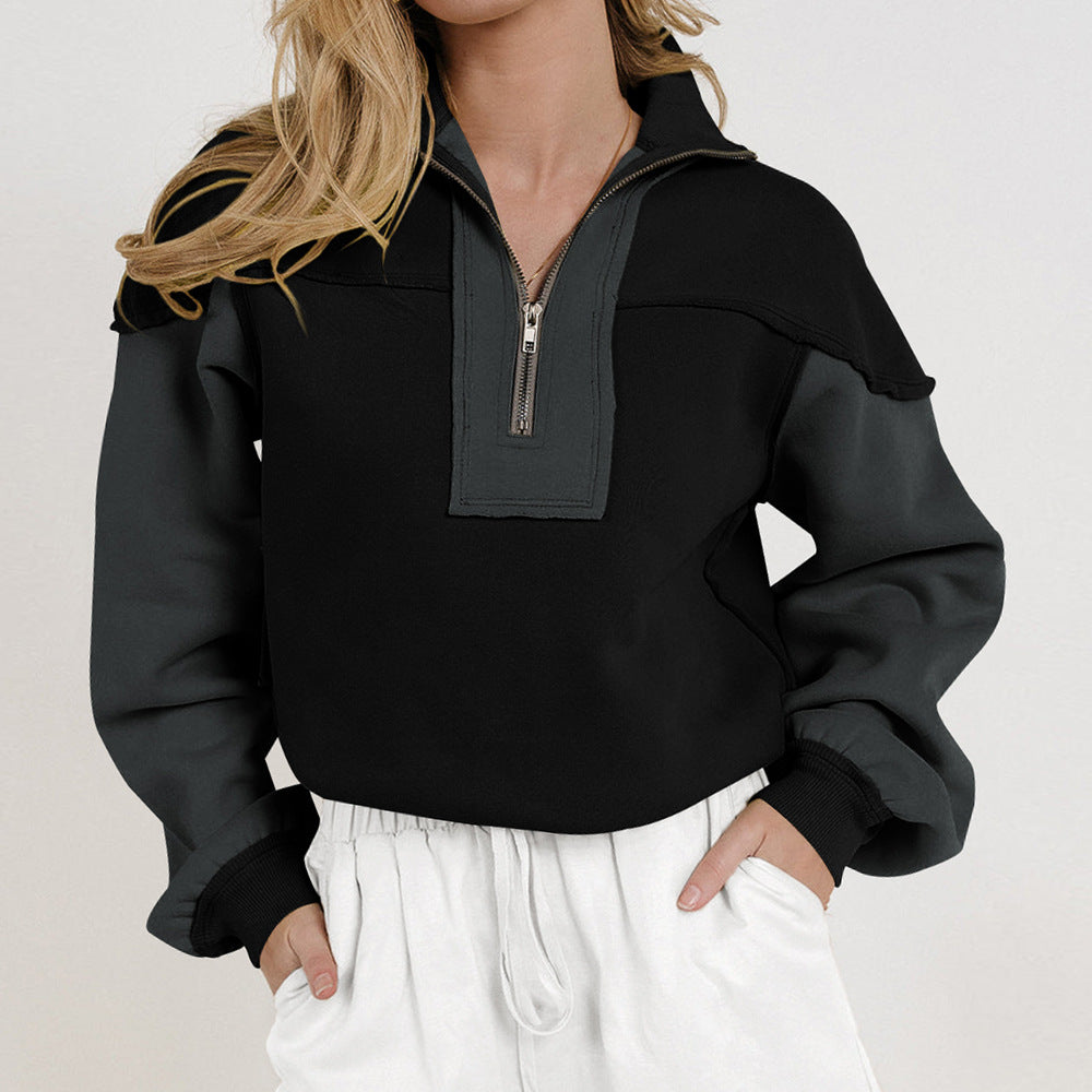 Damen lässiger Pullover mit halbem Reißverschluss und kontrastierenden Ärmeln WW