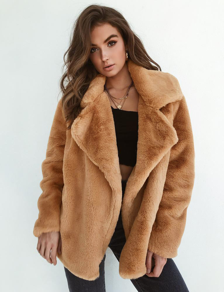 Damen elegante Fake-Fur Jacke mit weichem Kragen und lässigem Schnitt W&W Mode