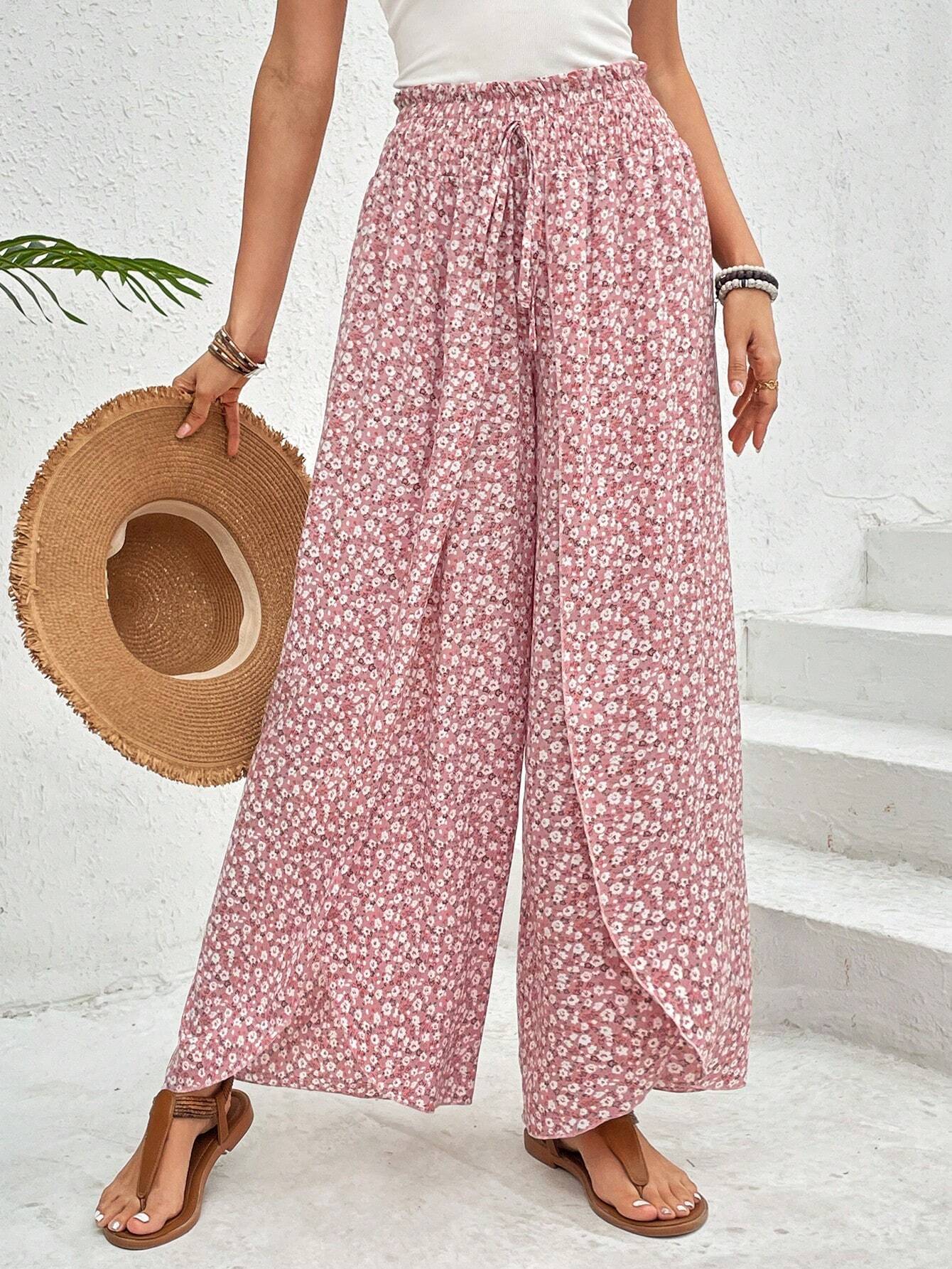 Damen weite Sommerhose mit elastischem Bund und floralem Design WW