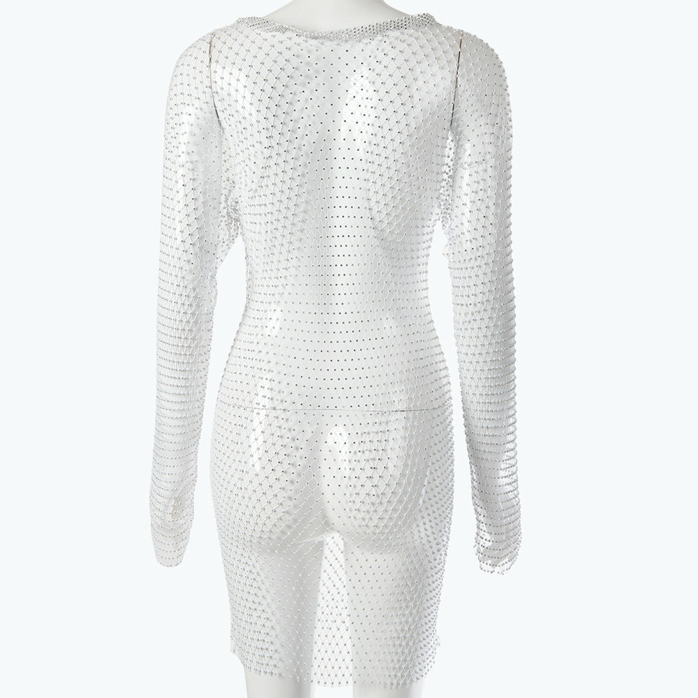 Damen glitzernder Netz-Bodysuit mit langen Ärmeln und figurbetontem Schnitt W&W