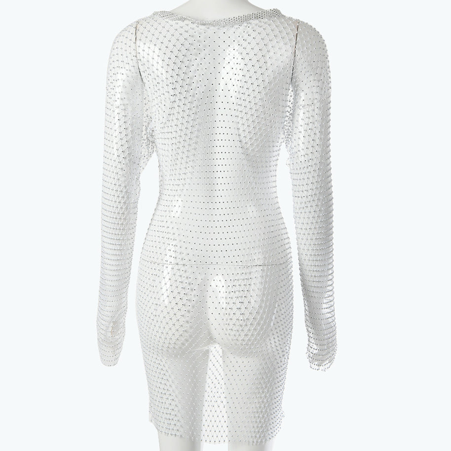 Damen glitzernder Netz-Bodysuit mit langen Ärmeln und figurbetontem Schnitt W&W
