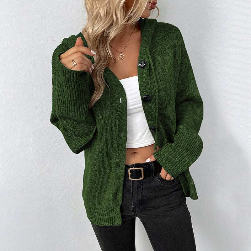 Damen lässige Strickjacke mit Kapuze und Knopfverschluss WW
