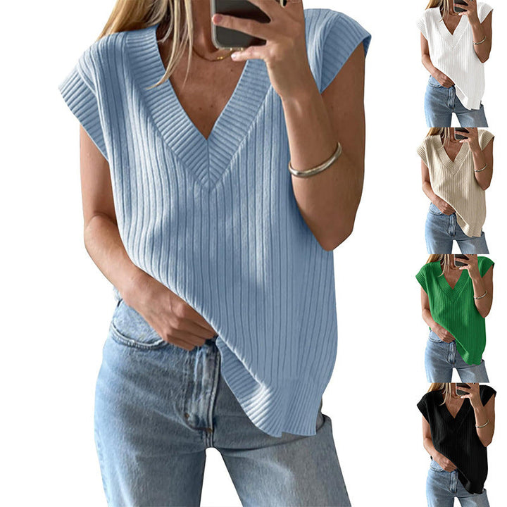 Damen lässiges V-Ausschnitt Oberteil aus Rippstrickmaterial W&W Mode