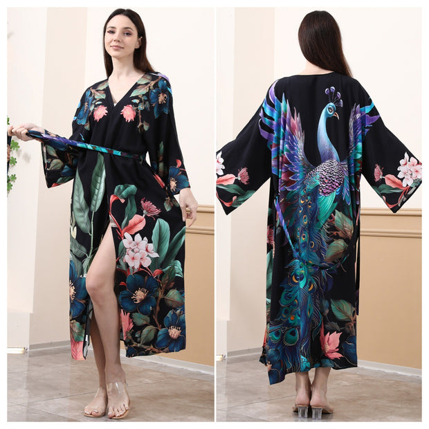 Damen Kimono mit buntem Pfauenmotiv und weitem Schnitt WW