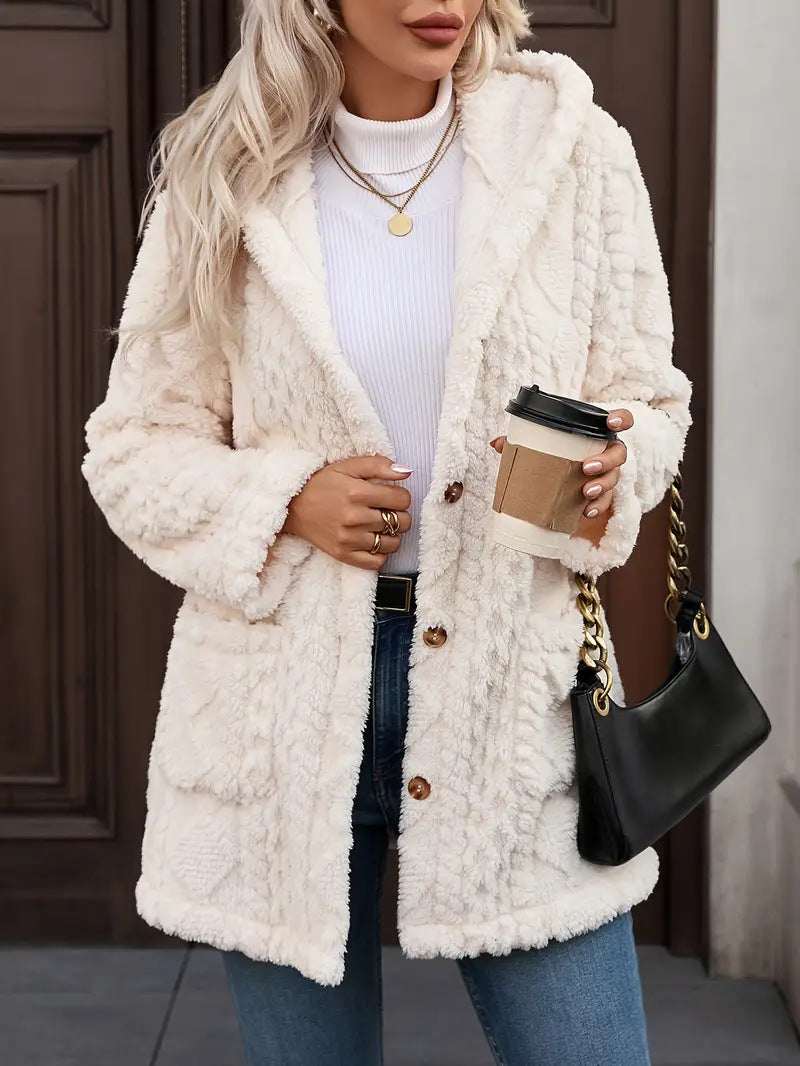 Damen angenehme und weiche Plüschjacke mit Kapuze und Taschen WW