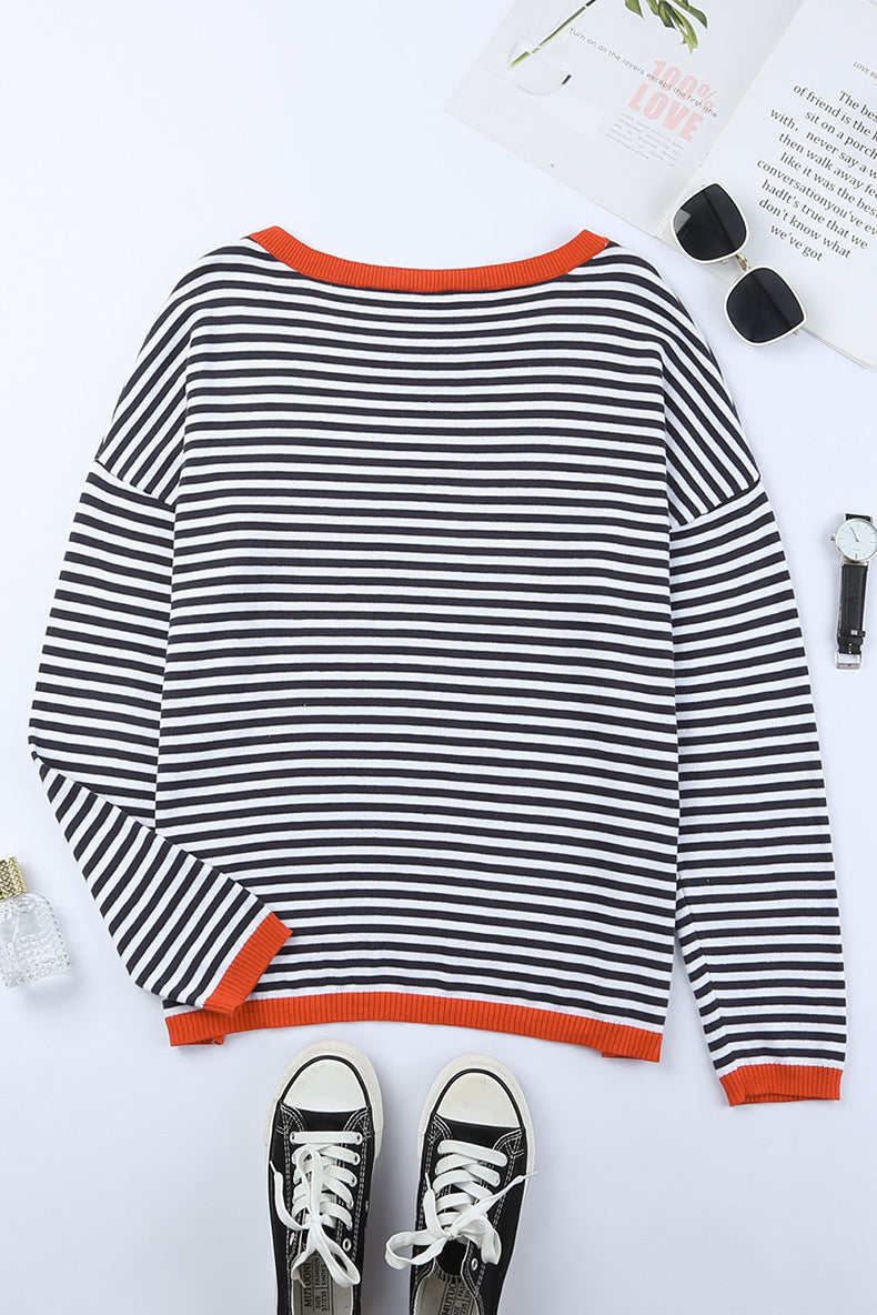 WW Kontrast gestreifter Drop-Shoulder-Pullover