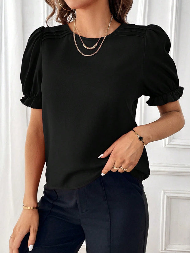 WW Pure-Color-Rundhals-Shirt-Top mit Temperament