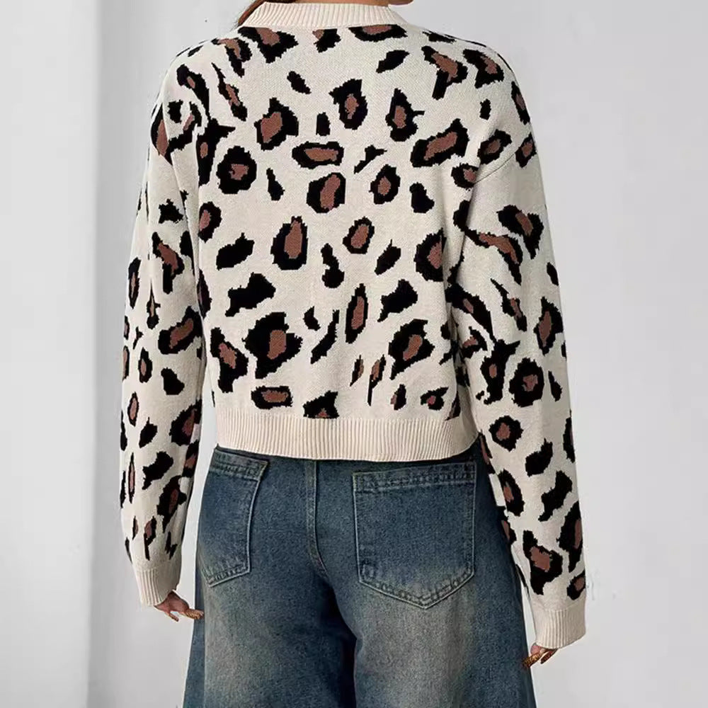 Damen Stilvolle Leopardenstrickjacke mit Bindebändern WW