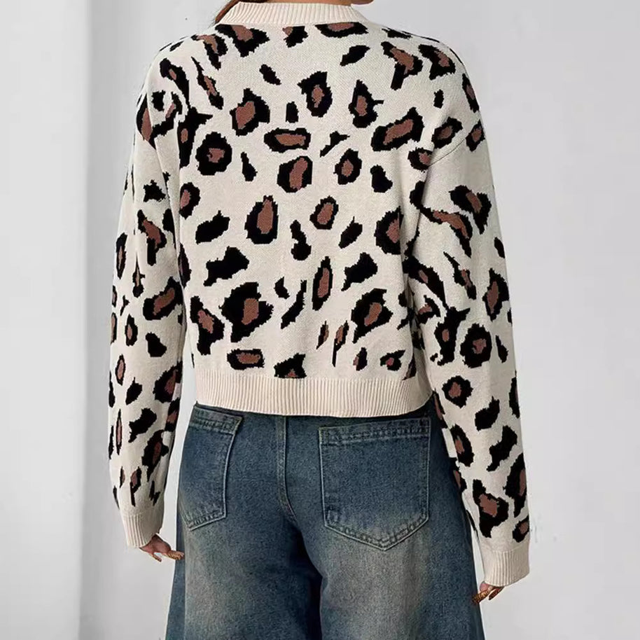 Damen Stilvolle Leopardenstrickjacke mit Bindebändern WW