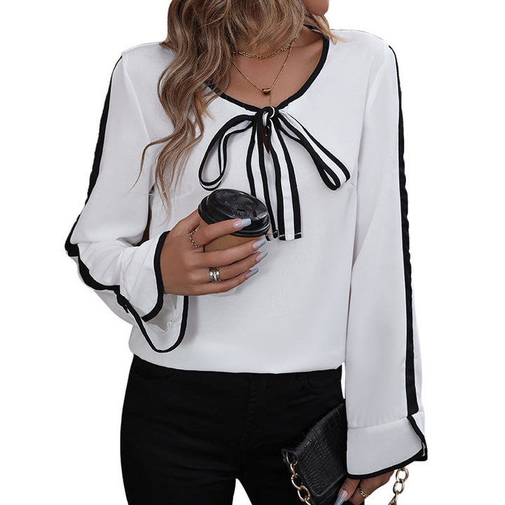 Damen Bluse mit dekorativem Schleifenkragen und kontrastierenden Ärmelabschlüssen W&W Mode
