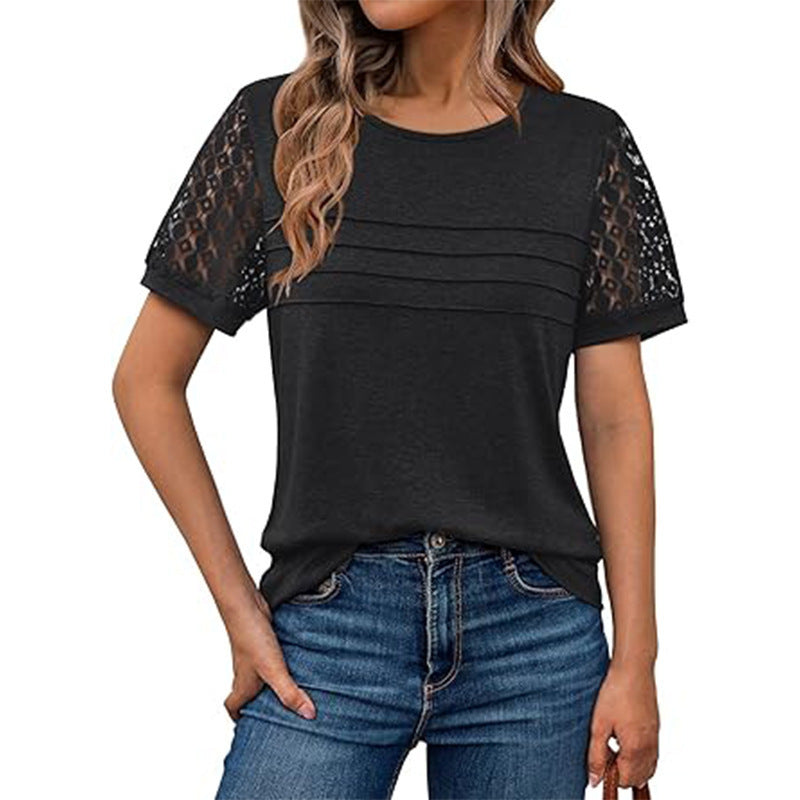 Damen Curvy T-Shirt mit luftigen Spitzeneinsätzen und modischen Rippdetails WW
