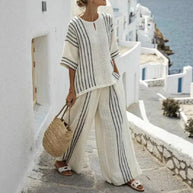 Damen leichte gestreifte Leinen Tunika und Hose Set WW