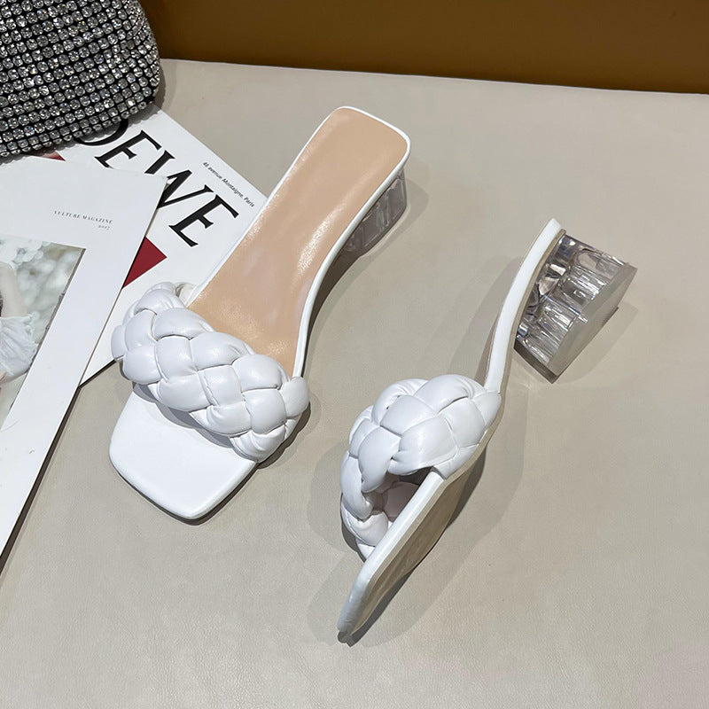 Damen Mules mit geflochtenem Riemen und transparentem Blockabsatz WW