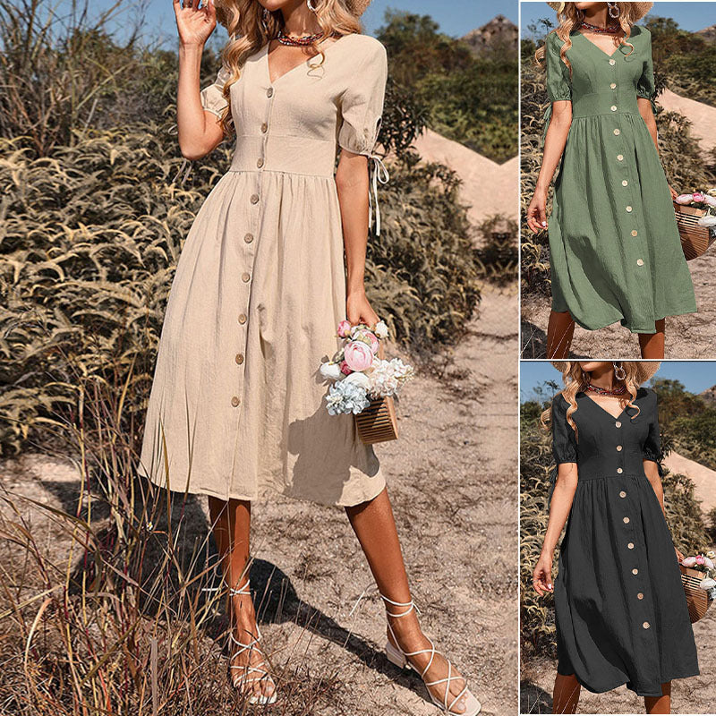 Damen Knielanges Sommerkleid mit V-Ausschnitt und romantischen Knopfdetails WW