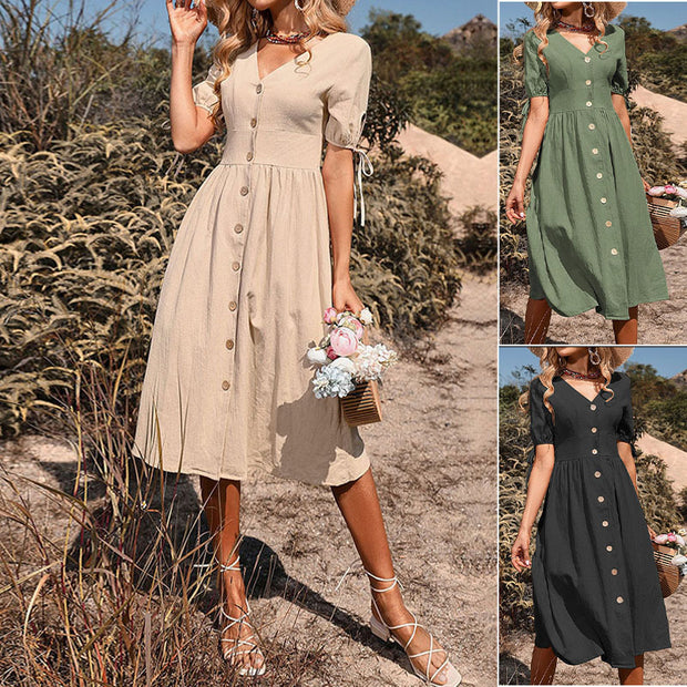 Damen Knielanges Sommerkleid mit V-Ausschnitt und romantischen Knopfdetails WW