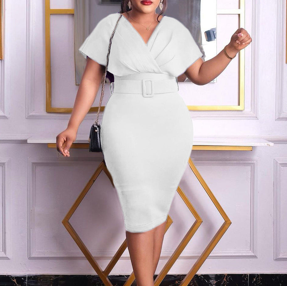 WW | Damen V-Ausschnitt Figurbetontes Midi Kleid mit Gürtel