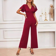 Damen eleganter Jumpsuit mit weitem Bein und Rüschendetails W&W