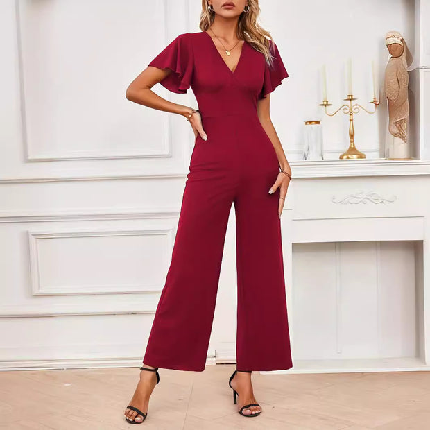 Damen eleganter Jumpsuit mit weitem Bein und Rüschendetails W&W