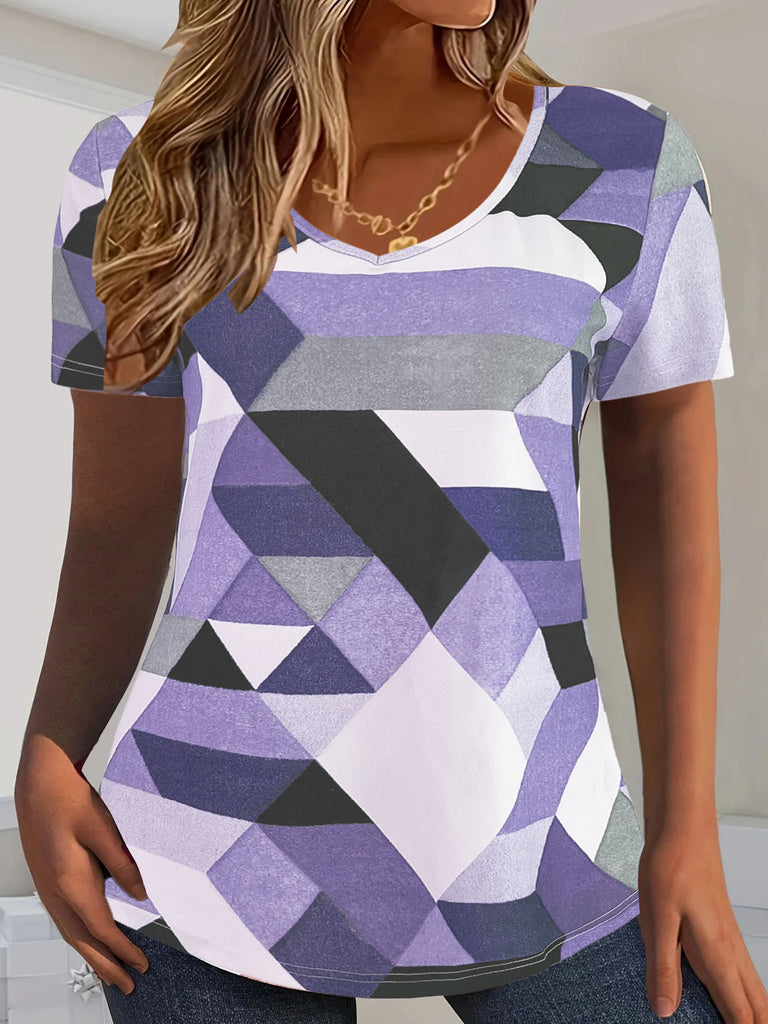 Damen V-Ausschnitt T-Shirt mit geometrischem Design und lässigem Schnitt WW