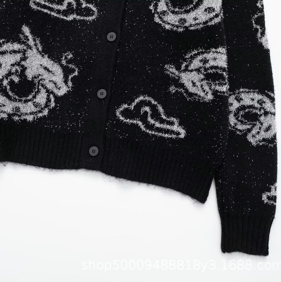 Damen Strickjacke mit einzigartigem Drachenmuster und Knopfverschluss WW
