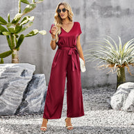 Damen eleganter Jumpsuit mit V-Ausschnitt und Bindegürtel WW