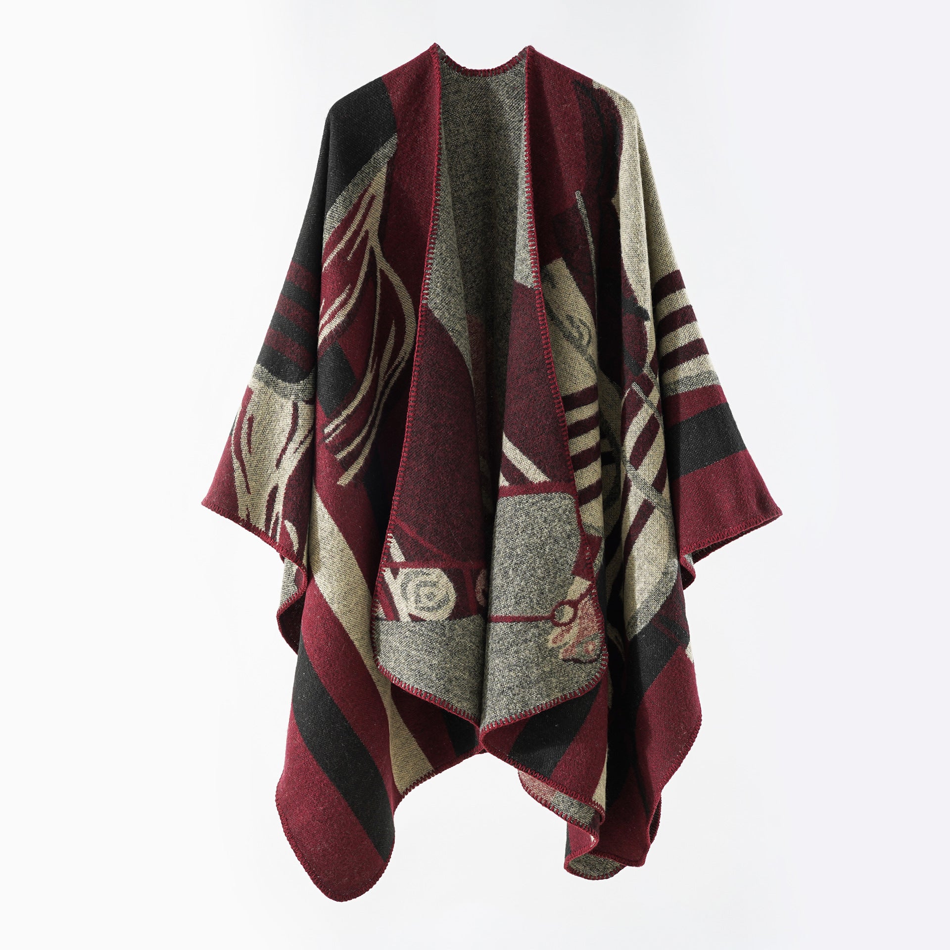 Damen eleganter Strickponcho mit kunstvollem Muster und feinen Fransen WW