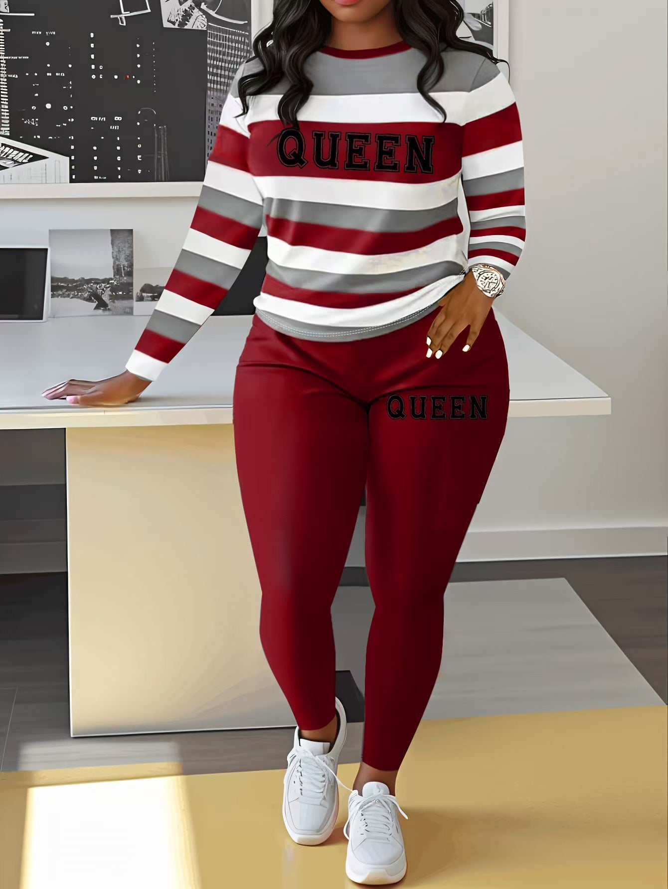 Damen Sportliches Zweiteiler-Set mit gestreiftem Oberteil und leggings WW