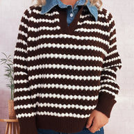 Damen Strickpullover mit tiefem V-Ausschnitt und markantem Streifenmuster WW