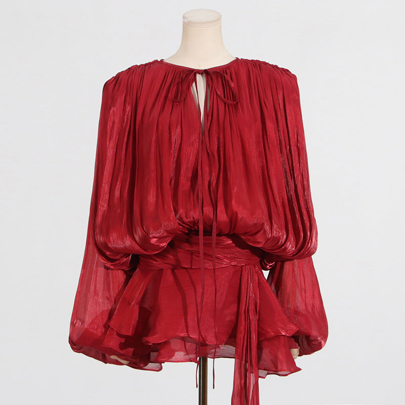 WW | Puffärmel Lotusblatt Kleid Früher Frühling Plissiertes Design Kurzes Mesh Kleid Frauen