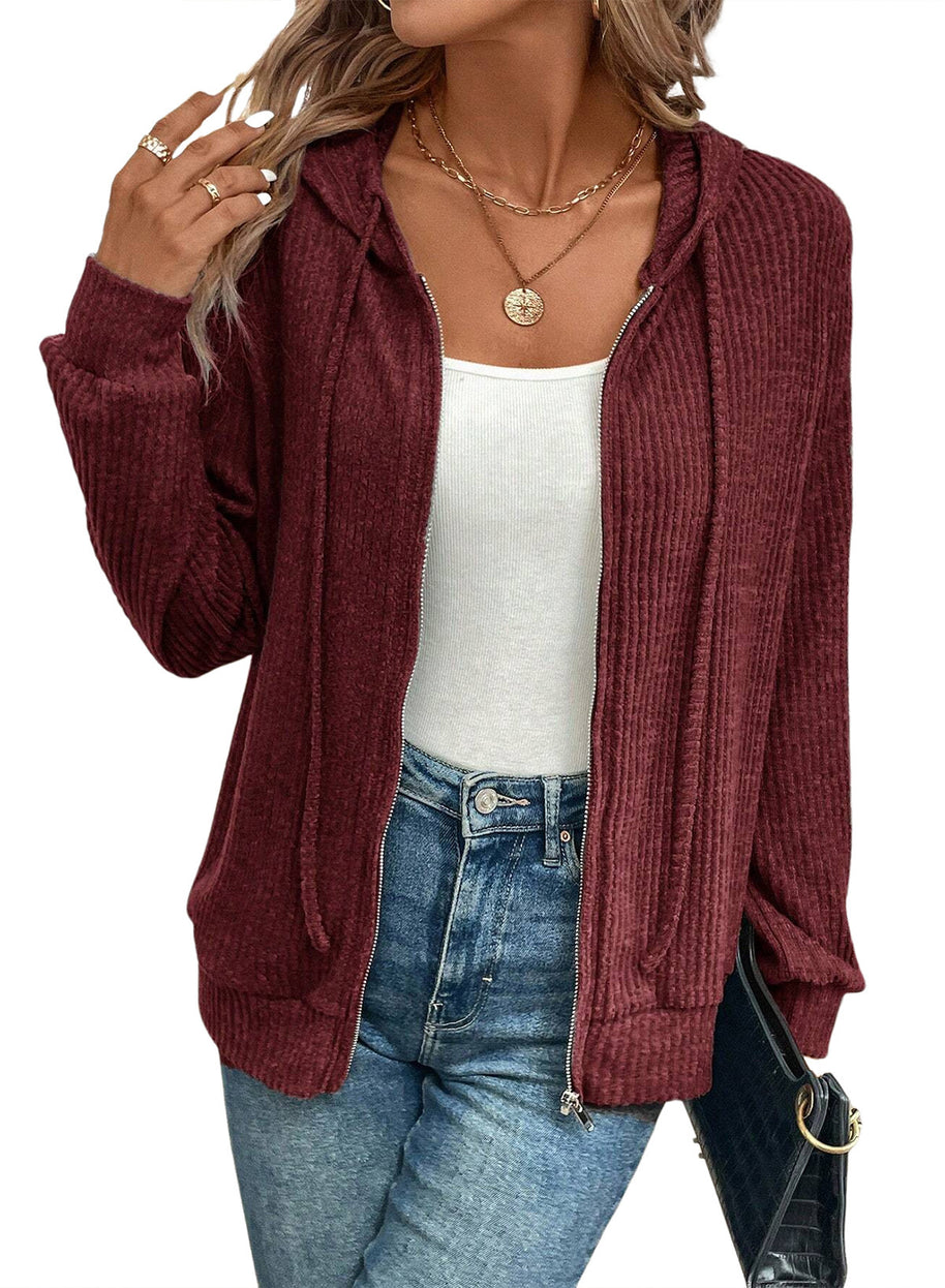 Damen gemütliche Kapuzenjacke im stylischen Rippstrickdesign WW