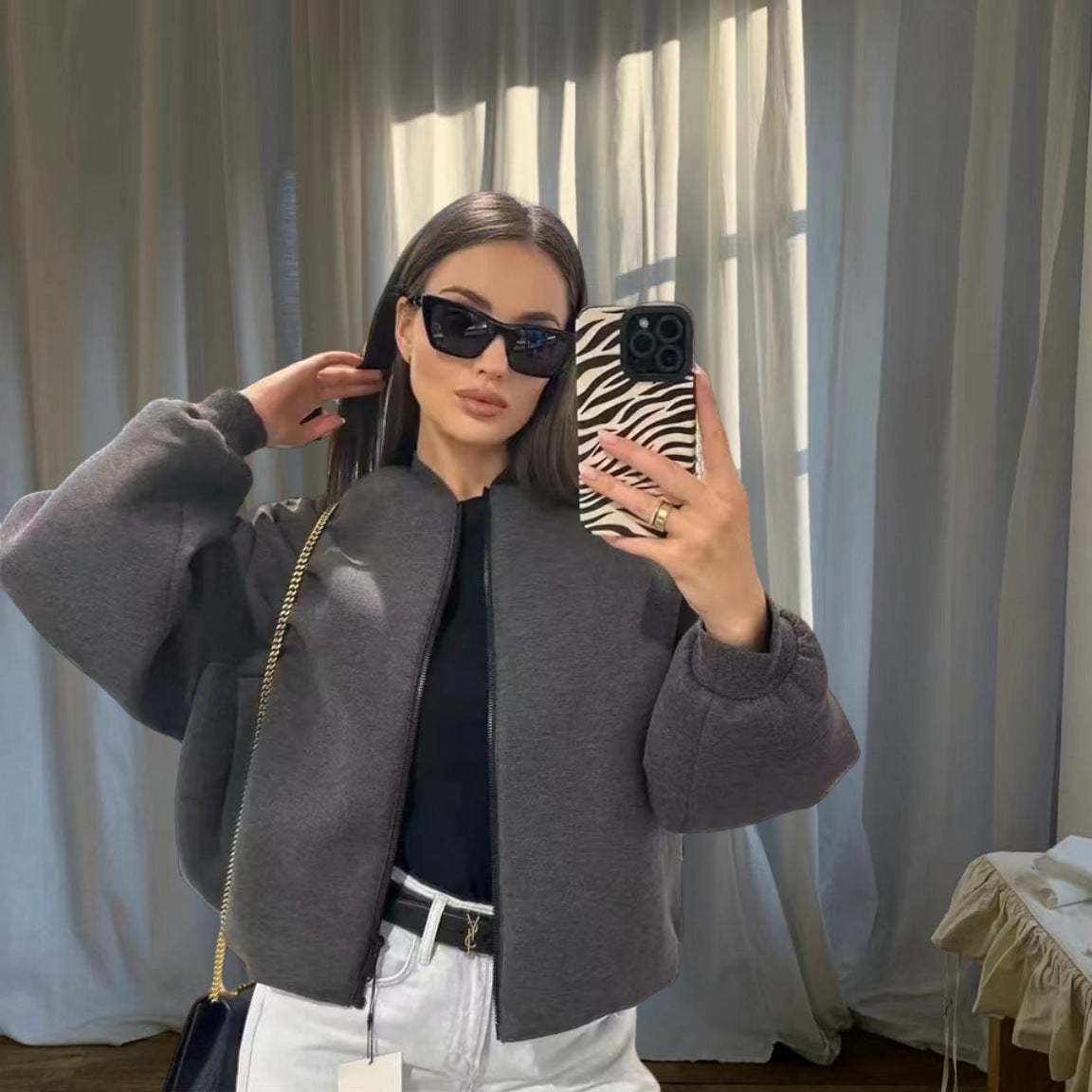 Damen Sportliche Oversize-Jacke mit Reißverschluss und voluminösen Ärmeln WW