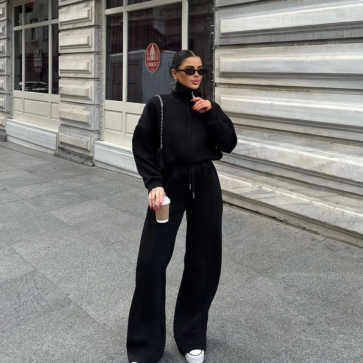 Damen bequemer Fleece-Athleisure-Anzug mit Stehkragen und Reißverschluss WW