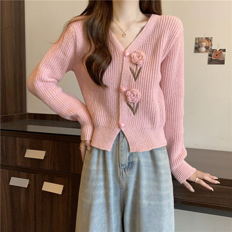 Damen Strickjacke mit floralen Applikationen WW