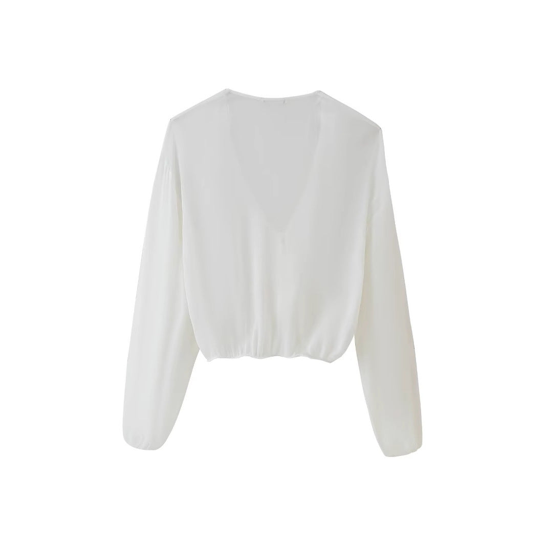 Damen Bluse mit romantischen Rüschen und tiefem V-Ausschnitt WW