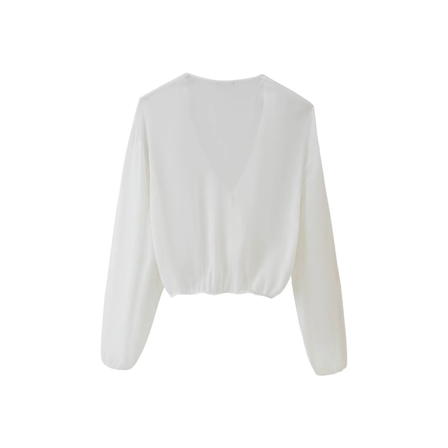 Damen Bluse mit romantischen Rüschen und tiefem V-Ausschnitt WW