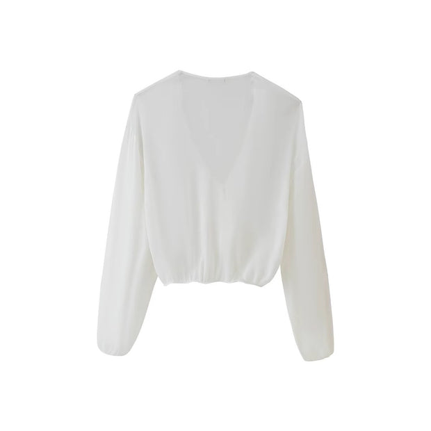 Damen Bluse mit romantischen Rüschen und tiefem V-Ausschnitt WW